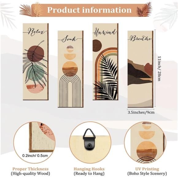 Relax Soak Unwind Breathe Sign Decors Bathroom Wall Arts Abstract Boho Wooden - Picture 2 of 6